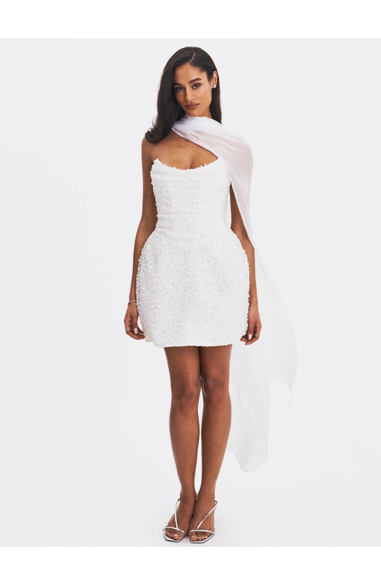 Miss Circle Tressa Beaded Mesh Strapless Mini Dress, Alternate, color, White