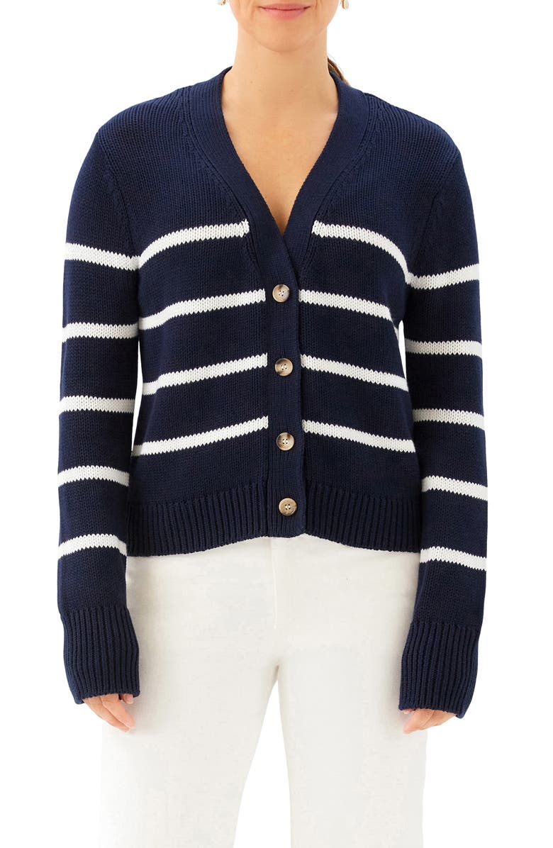 Karen Kane Stripe Cardigan Sweater, Main, color, Navy W/ Off White