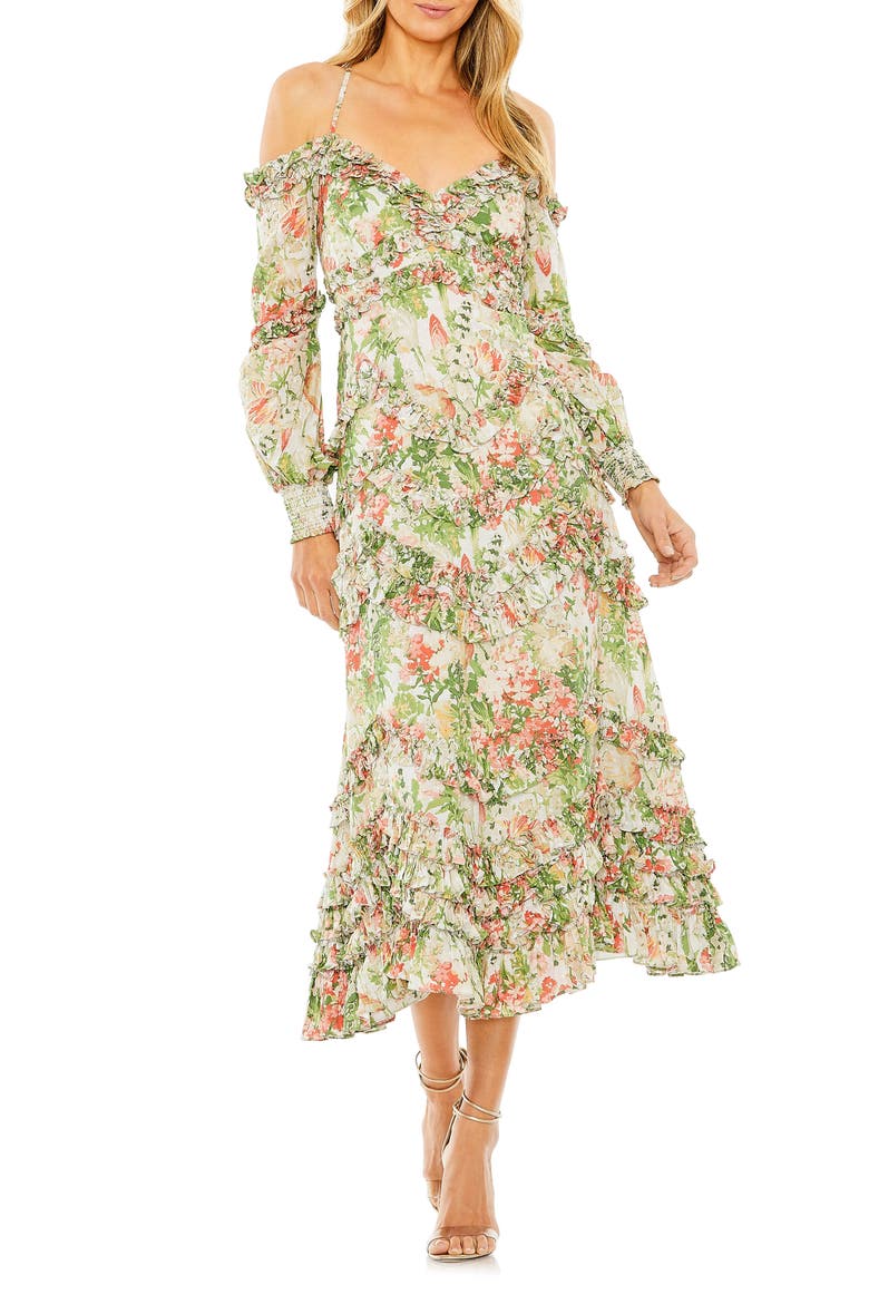Floral Print Ruffle Cold Shoulder Long Sleeve Midi Dress, Main, color, WHITE MULTI