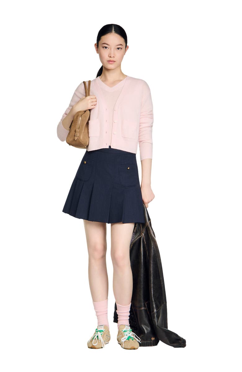 SANDRO Cropped cashmere wool cardigan, Alternate, color, Light Pink