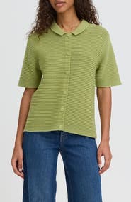 ICHI Ihdemue Textured Cotton Snap-Up Polo Sweater