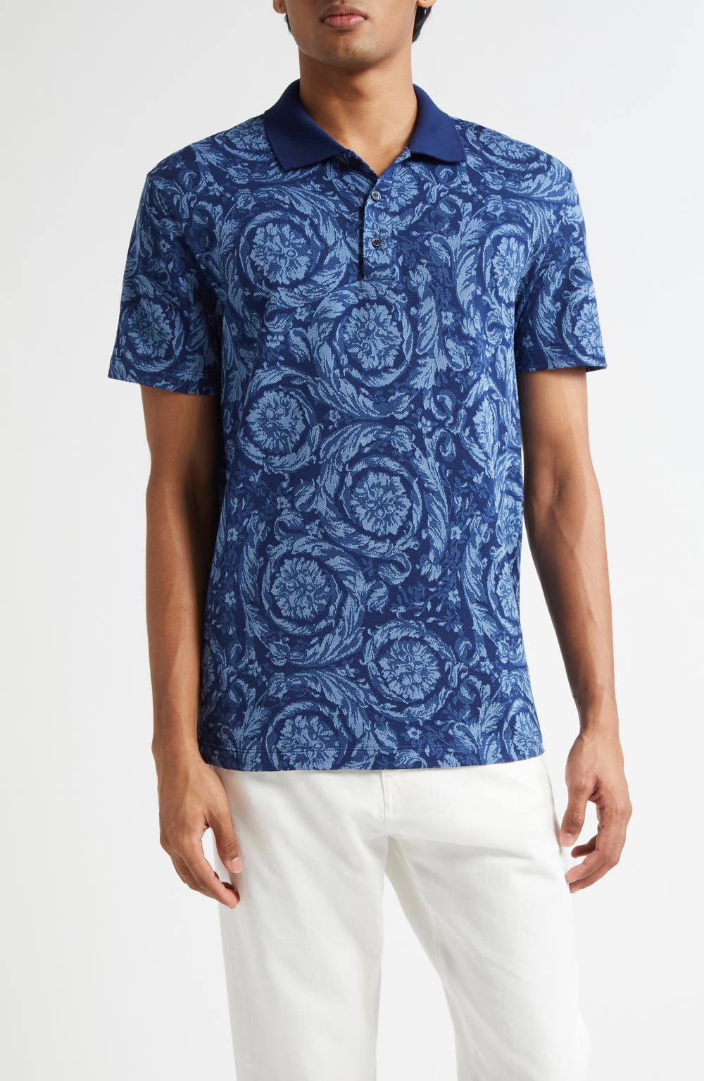 Barocco Jacquard Cotton Piqué Polo, color, INK CELESTE