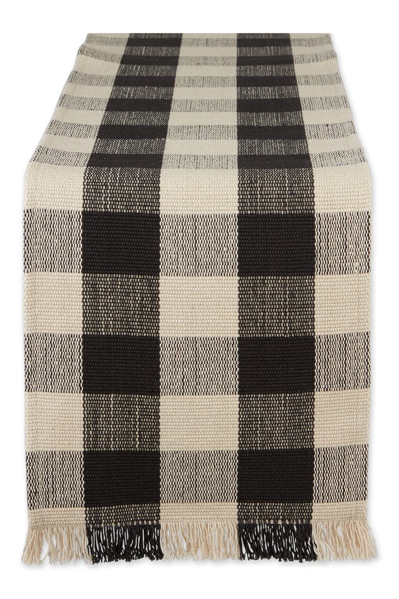 Checkered Fringe Cotton Table Runner, Main, color, BLACK