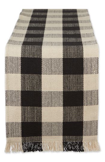 Design Imports Checkered Fringe Cotton Table Runner In Black