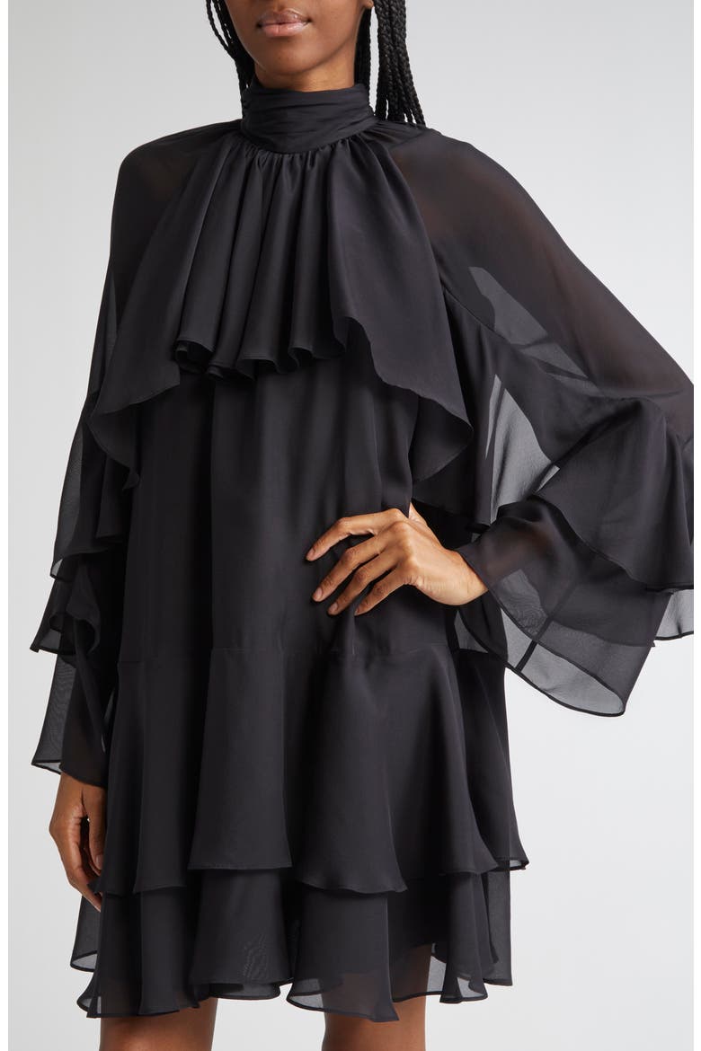 Adlington Ruffle Detail Long Sleeve Silk Chiffon Dress, Alternate, color, BLACK
