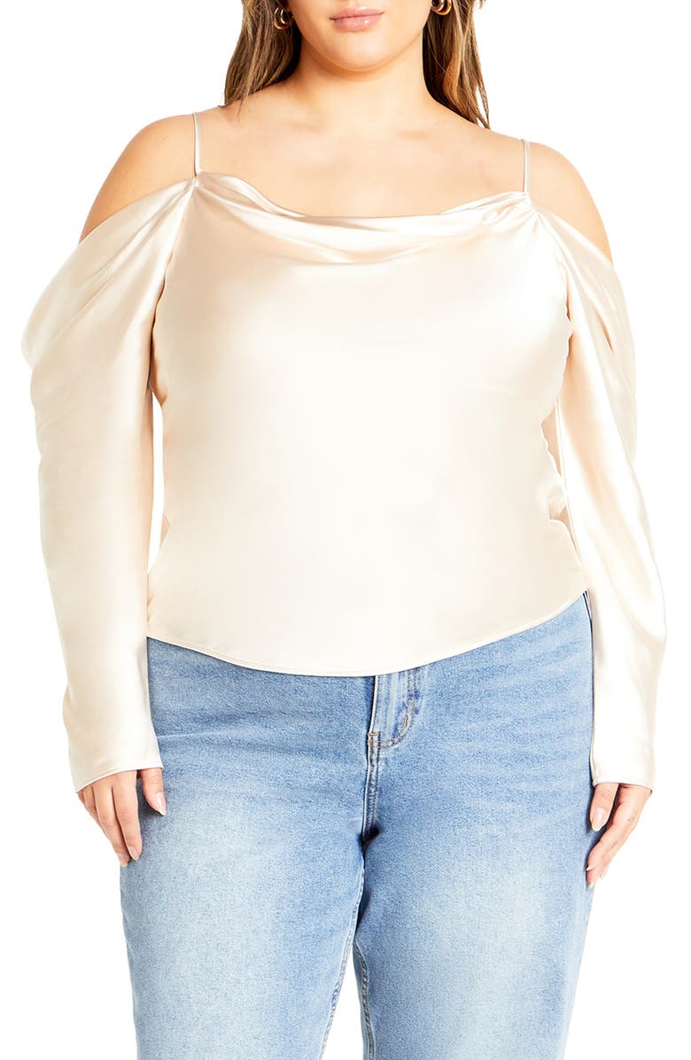 City Chic Keyla Cowl Neck Cold Shoulder Satin Top, Main, color, Cream