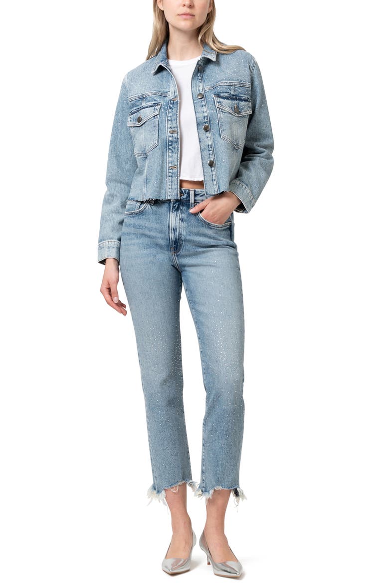 New York Rhinestone Chew Hem Ankle Straight Leg Jeans, Alternate, color, SHINY MID DENIM