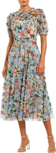 【Mac Duggal】メッシュマイクロラッフルハイネックミディドレス Mac Duggal Floral Printed Mesh Ruffle High Neck Midi Dress