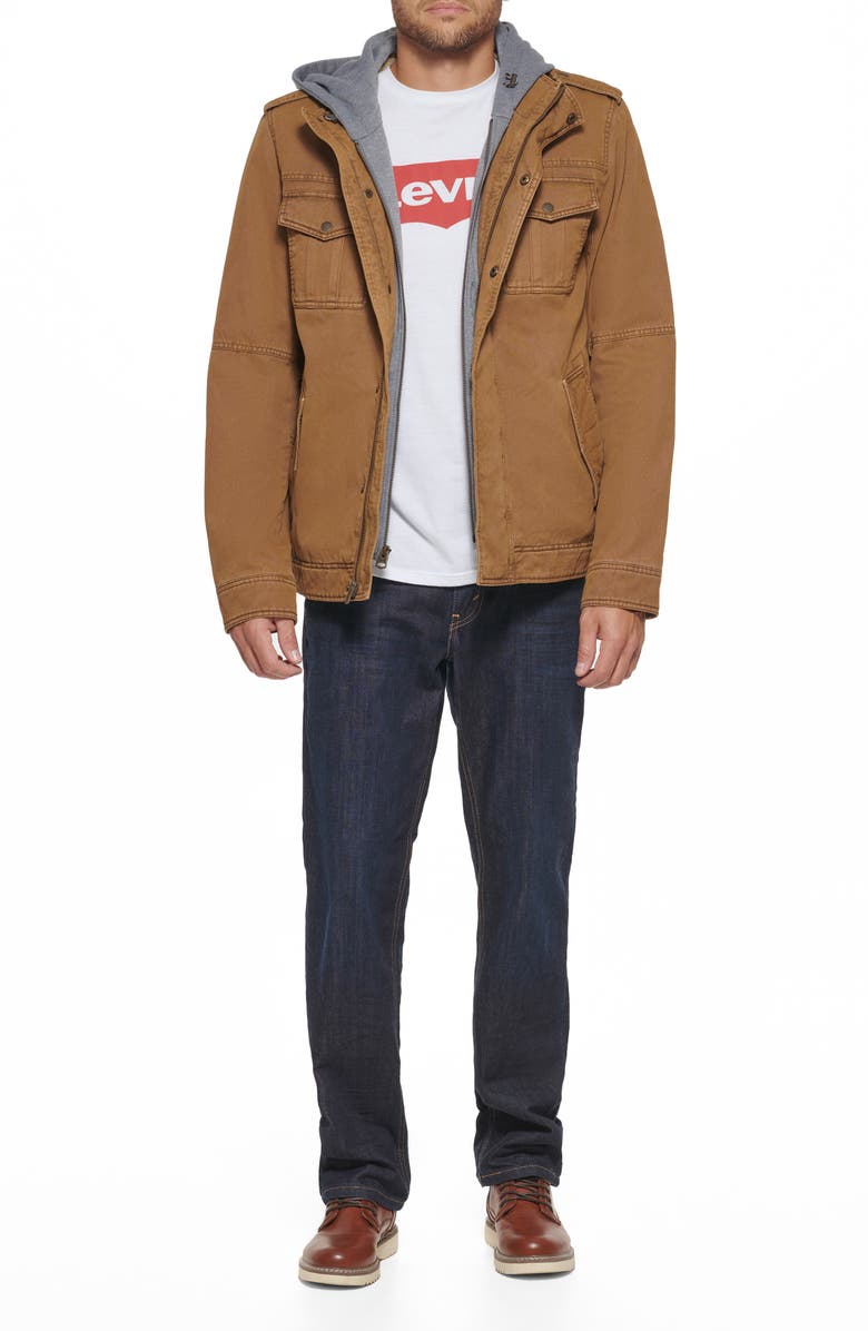 Levi's<sup>®</sup> Washed Cotton Faux Shearling Lined Hooded Military Jacket, Alternate, color, Brown