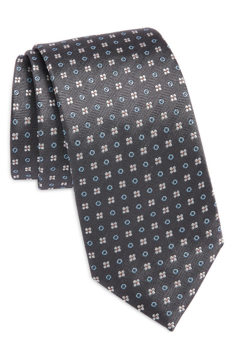 BOSS Floral Herringbone Silk Blend Tie, Main, color, Dark Grey