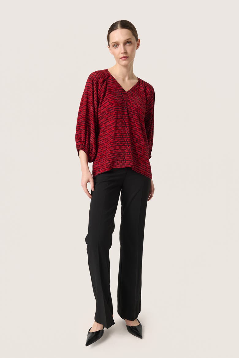 Slalize 3/4 Sleeve V-Neck Blouse, Alternate, color, Salsa Square Print