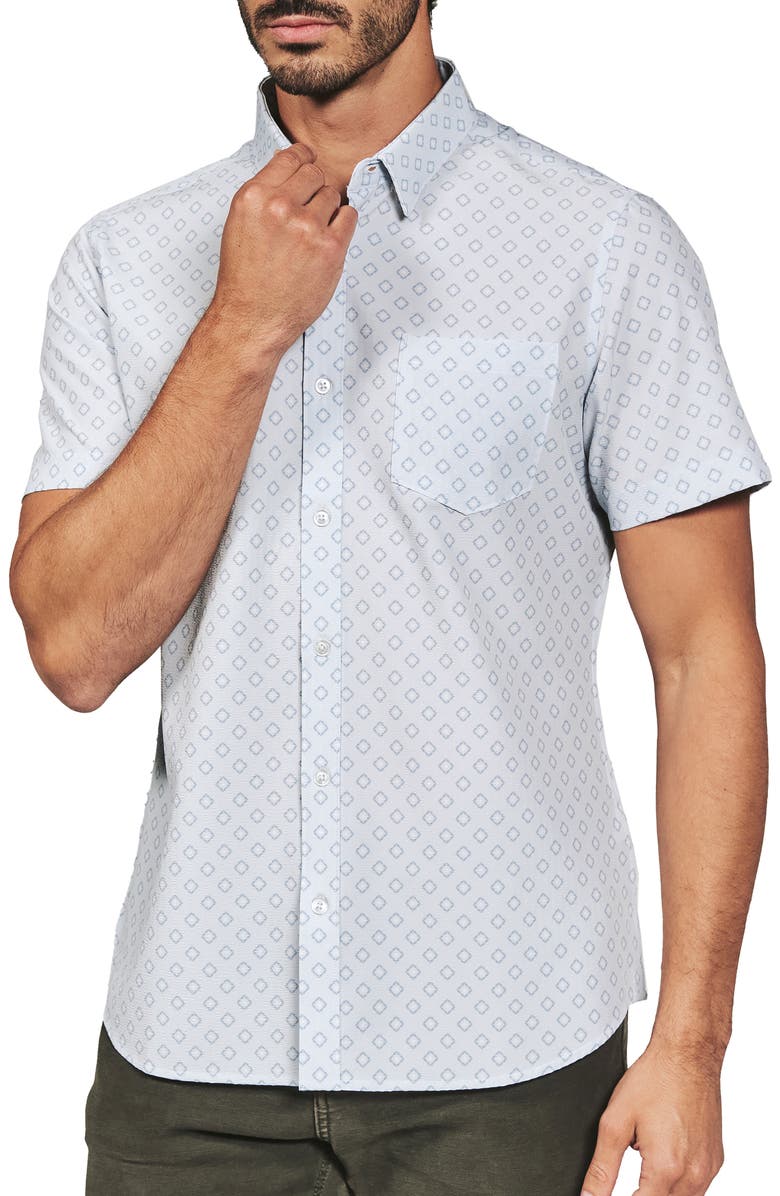 7 Diamonds Kanan Diamond Print Short Sleeve Stretch Seersucker Button-Up Shirt, Main, color, Fog