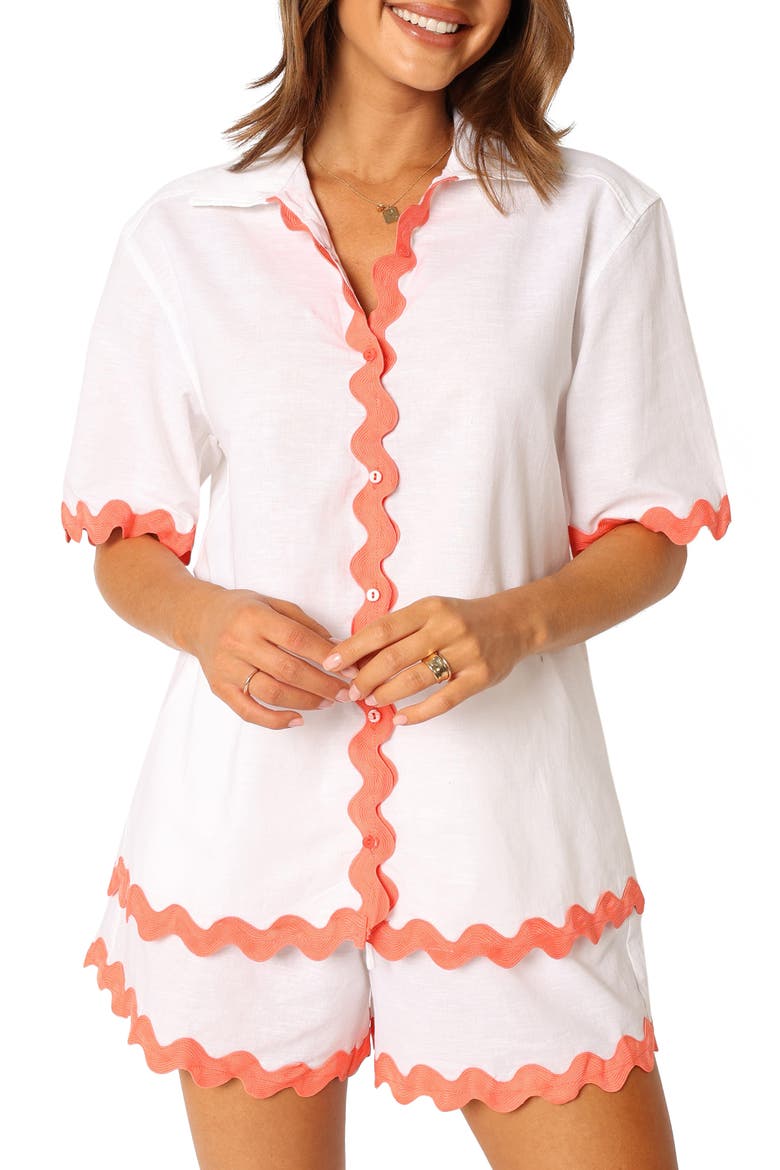 Harry Rickrack Trim Cotton & Linen Button-Up Shirt, Main, color, WHITE/ MELON