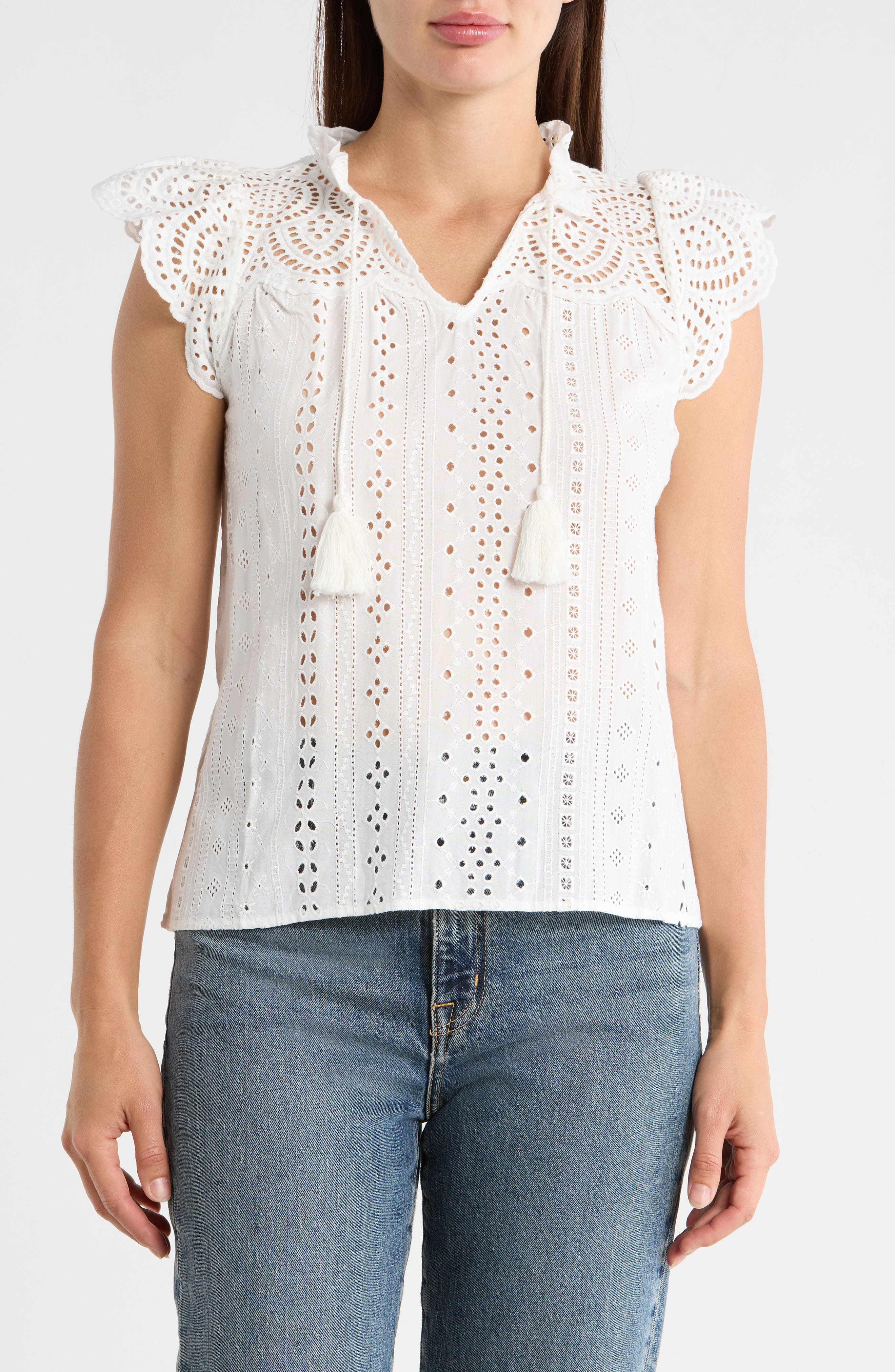 T Tahari Embroidered Eyelet Cap Sleeve Top