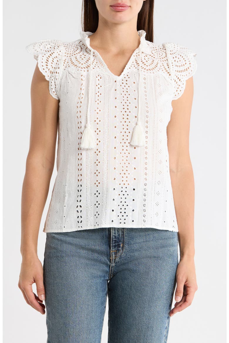Embroidered Eyelet Cap Sleeve Top, Main, color, WHITE
