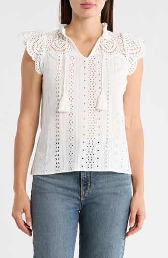T Tahari Embroidered Eyelet Cap Sleeve Top
