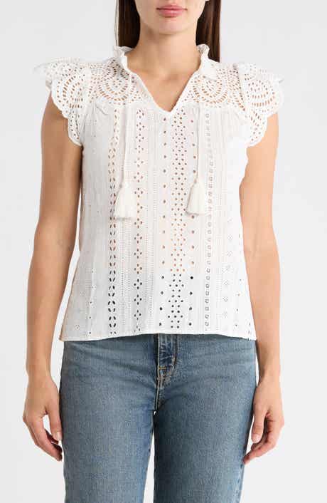 T Tahari Embroidered Eyelet Cap Sleeve Top