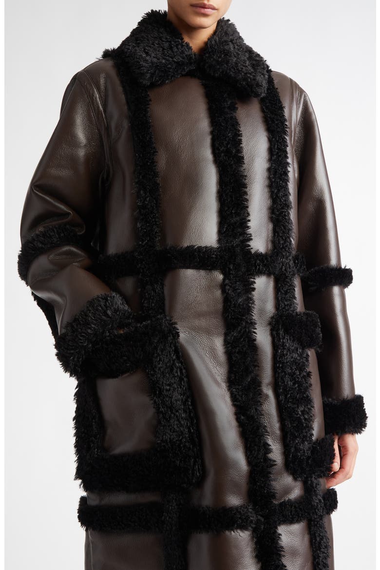 Patrice Faux Leather Coat with Faux Shearling Trim, Alternate, color, DARK BROWN/ BLACK