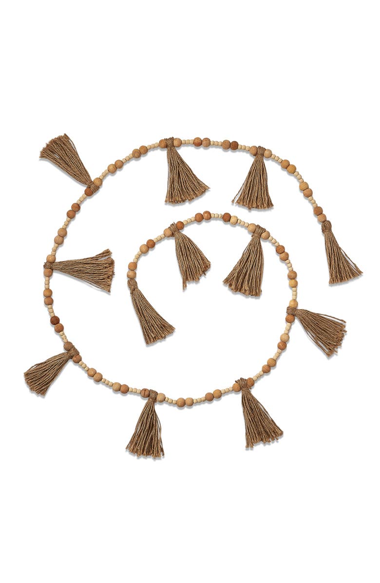 tag Bead and Jute Tassel Garland Beige Decorative Wall Decor, Main, color, Brown