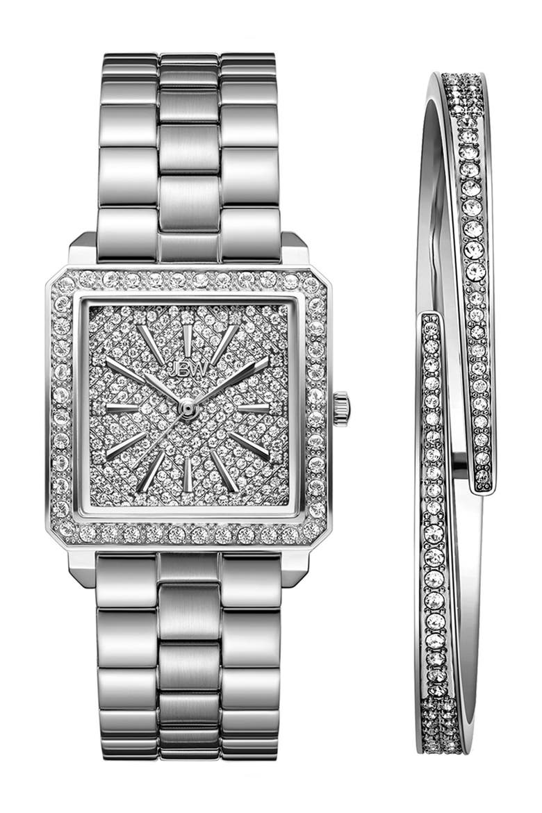 Cristal Diamond Bracelet Watch & Bangle Set, 28mm, Main, color, SILVER