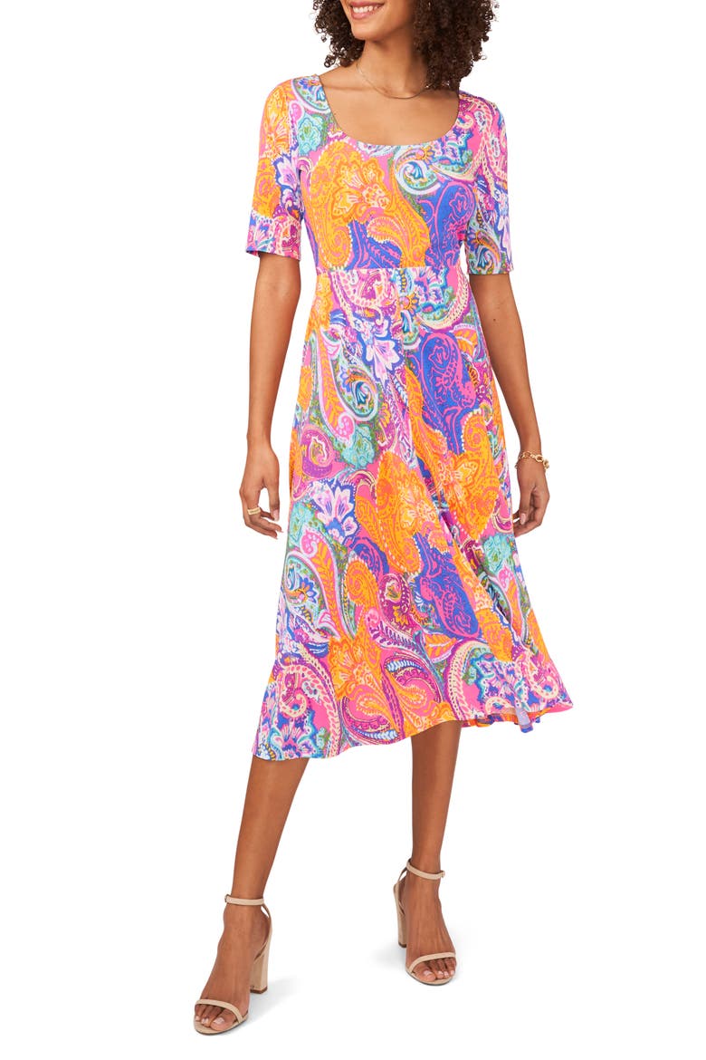 Elbow Sleeve Fit & Flare Dress, Main, color, PINK/MANGO/VIOLET