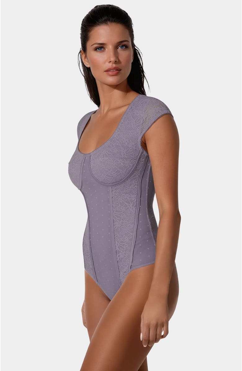 bebe Swiss Dot Lace Bodysuit, Alternate, color, Purple Ash