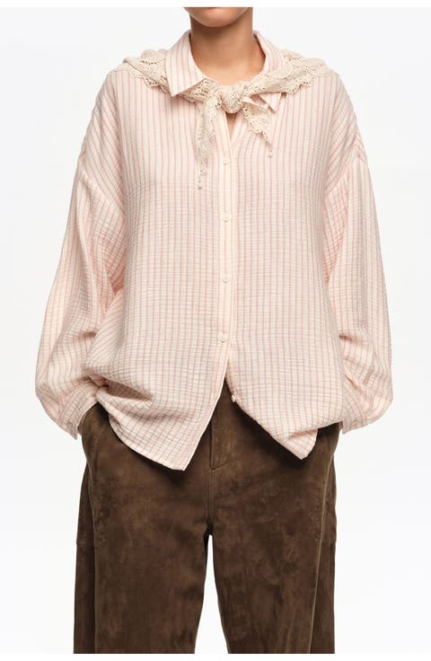 Cotton Shirt with Crochet Scarf Detail