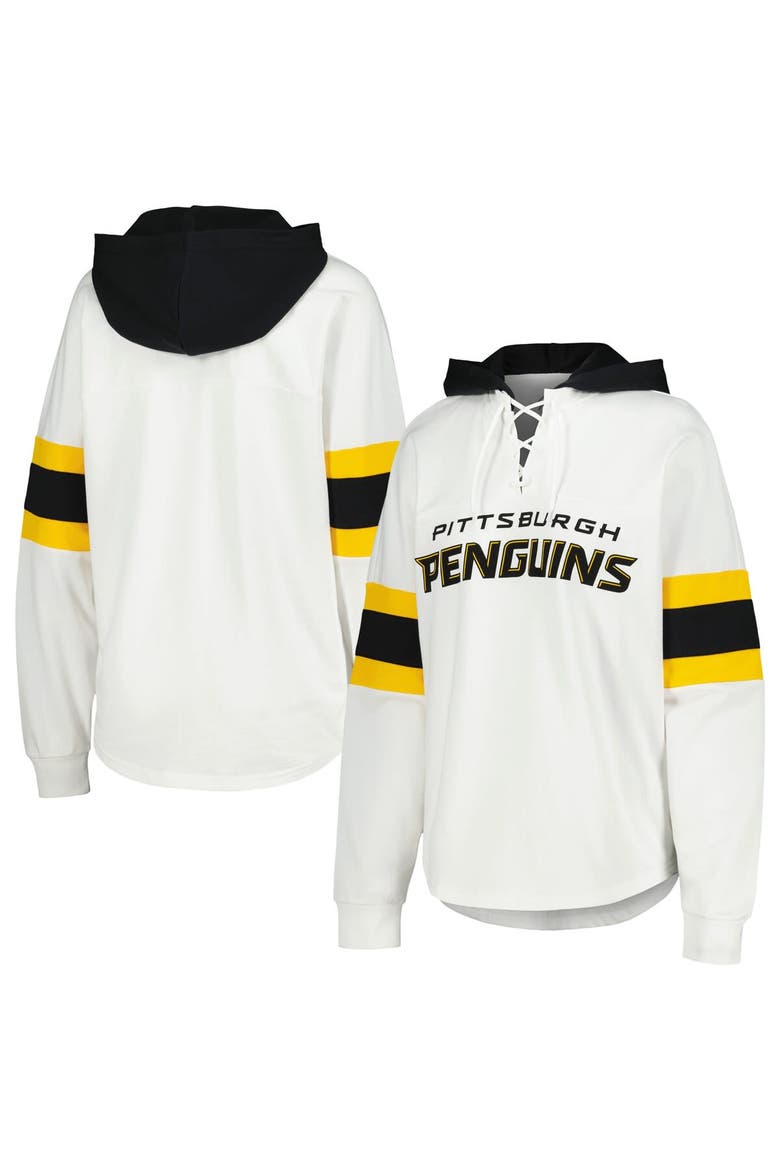 Women's G-III 4Her by Carl Banks White/Black Pittsburgh Penguins Goal Zone Long Sleeve Lace-Up Hoodie T-Shirt, Alternate, color, White