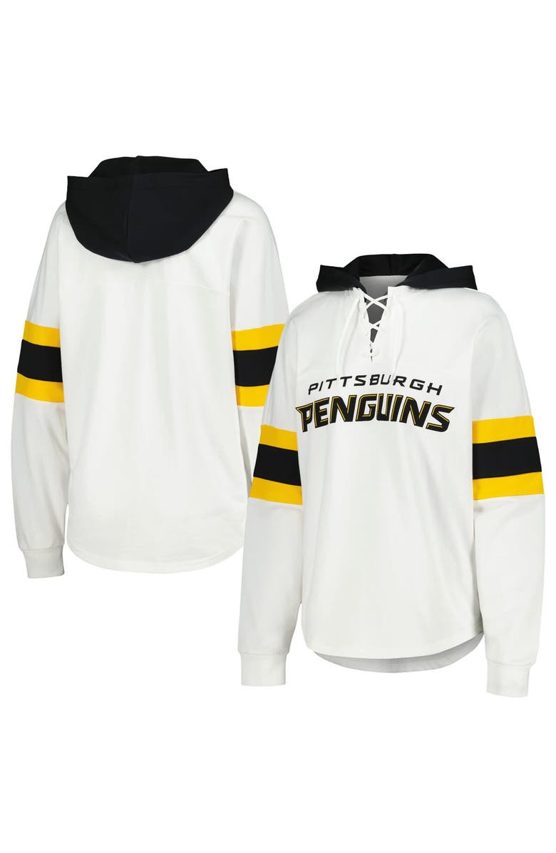 G-III 4HER BY CARL BANKS Women's G-III 4Her by Carl Banks White/Black Pittsburgh Penguins Goal Zone Long Sleeve Lace-Up Hoodie T-Shirt, Alternate, color, White