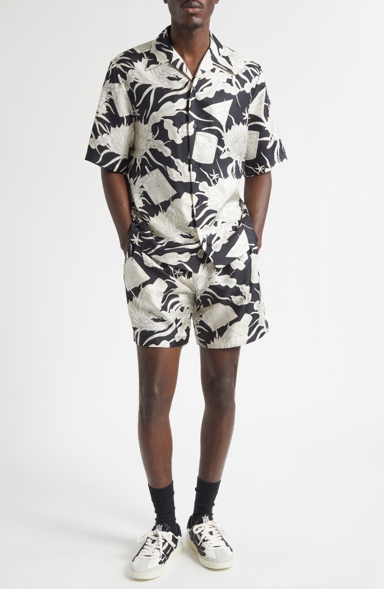 AMIRI Floral Silk Bowling Shirt, Alternate, color, Black