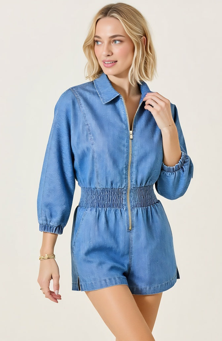 Modenaire Zip Front Romper with Smocked Waist and 3/4 Sleeves, Alternate, color, Blue