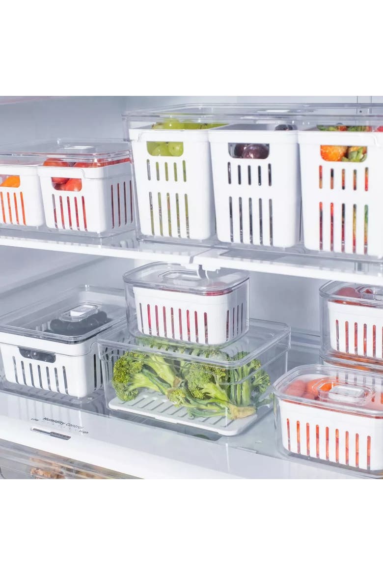 Clear Stackable Fridge Organizer Bin with Drain Basket and Vented Lid, 5.3 Quart Capacity, Alternate, color, Clear with White Drainer