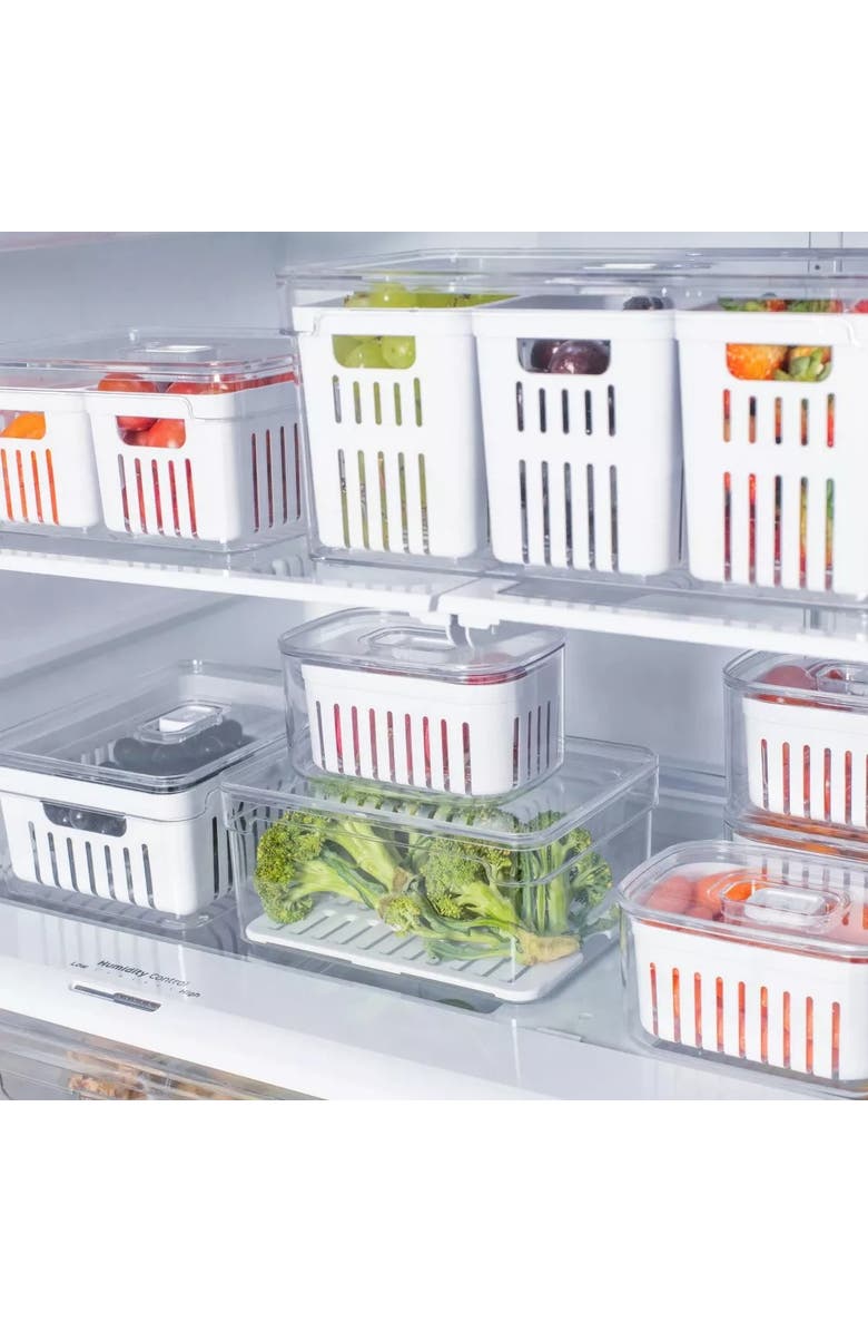 OU Clear Stackable Fridge Organizer Bin with Drain Basket and Vented Lid, 5.3 Quart Capacity, Alternate, color, 