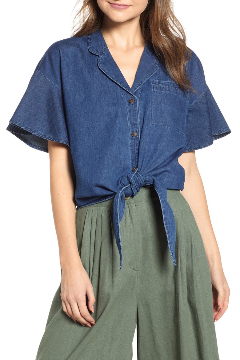 Flavia Flounce Sleeve Chambray Shirt, Main, color, MEDIUM BLUE DENIM