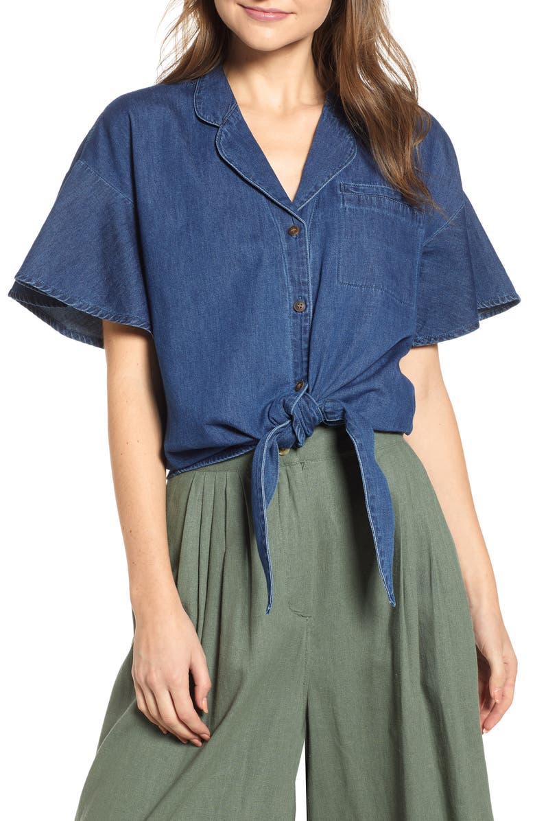 VERO MODA Flavia Flounce Sleeve Chambray Shirt, Main, color, 