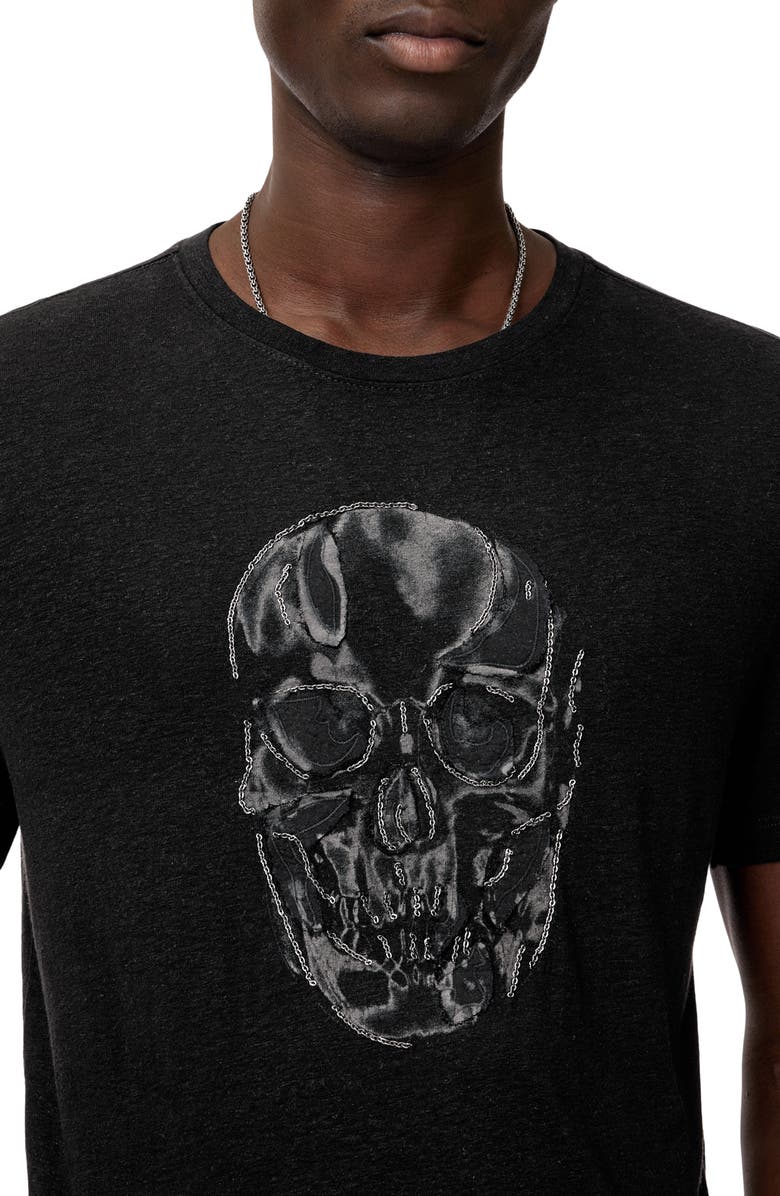 John Varvatos Chain Skull Appliqué Slub Linen Blend T-Shirt, Alternate, color, Black