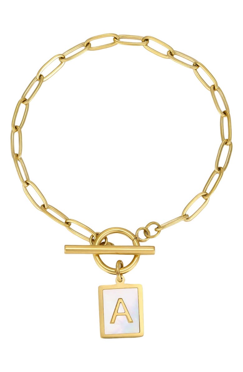 Adornia 18K Gold Plated Mother-of-Pearl Initial Charm Toggle Bracelet, Main, color, White/ Gold-A