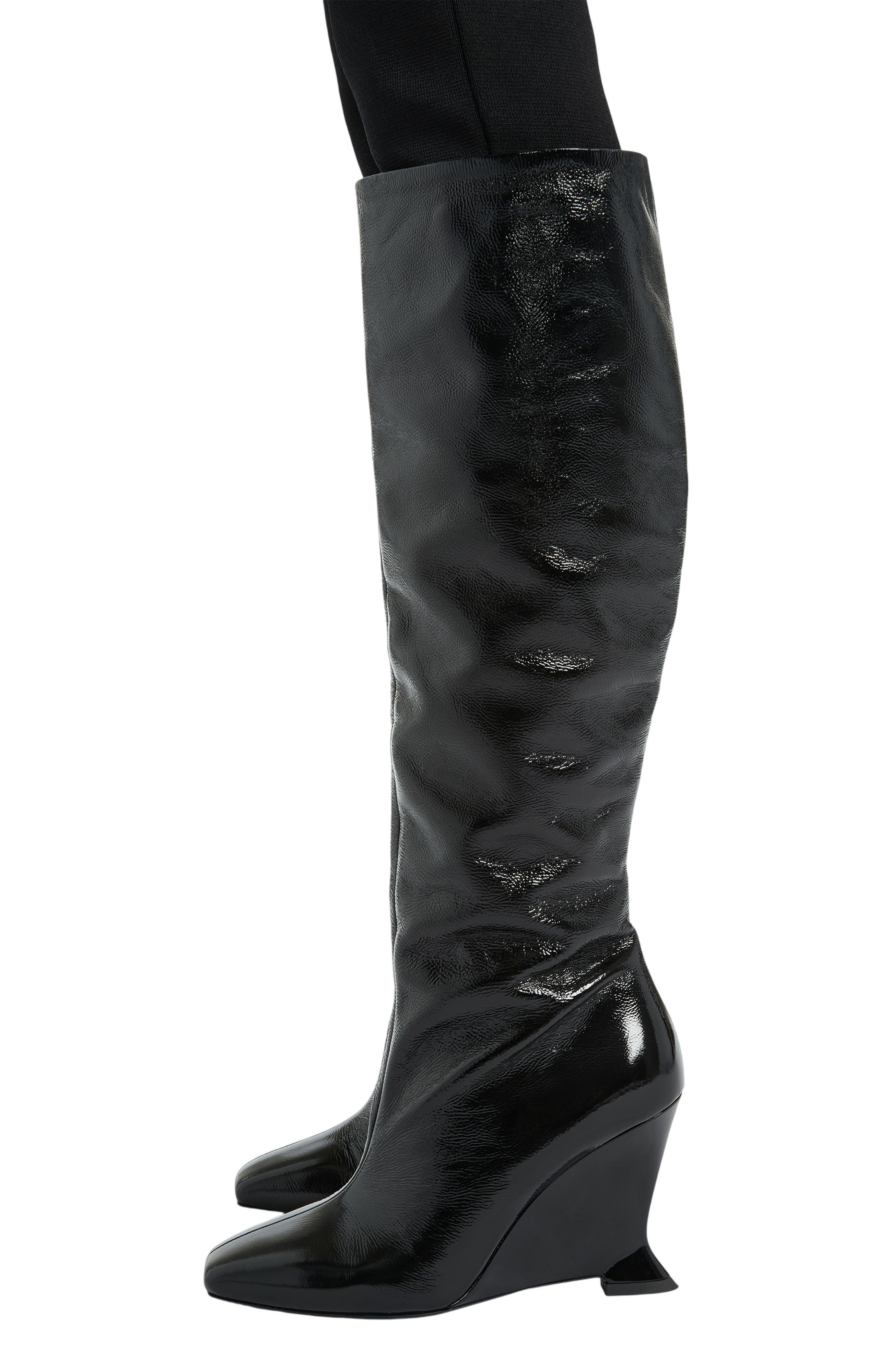 Wedge Boots in Crinkled Patent Leather, Alternate, color, black