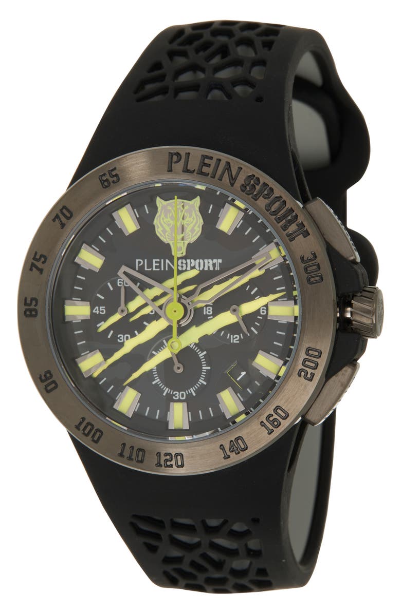 PLEIN SPORT Thunderstorm Chronograph Silicone Strap Watch, 43mm, Main, color, Gun