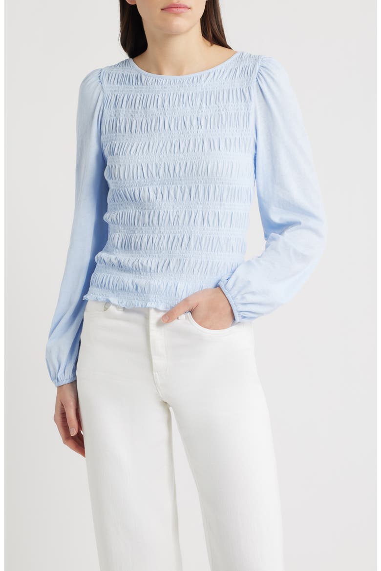 Smocked Boat Neck Long Sleeve Cotton Top, Main, color, SKY BLUE