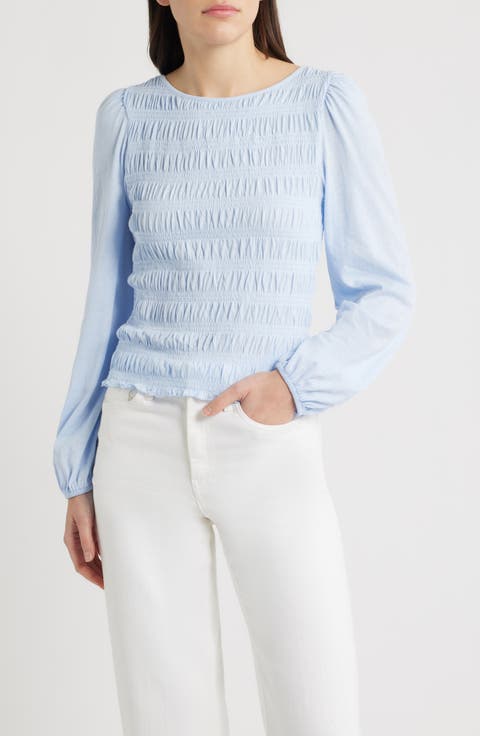 Smocked Boat Neck Long Sleeve Cotton Top