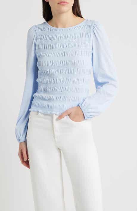 Madewell Smocked Boat Neck Long Sleeve Cotton Top