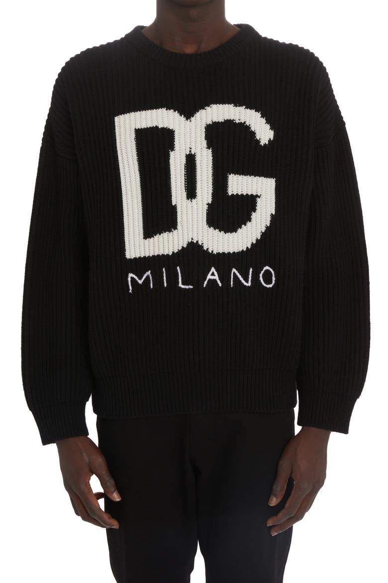 Intarsia Logo Cashmere & Virgin Wool Rib Sweater, Main, color, BLACK/ WHITE