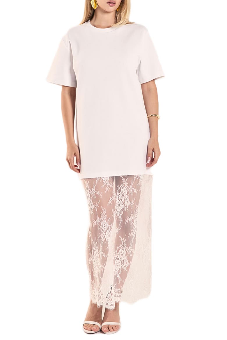 Mixed Media Cotton Knit & Lace T-Shirt Dress, Main, color, WHITE