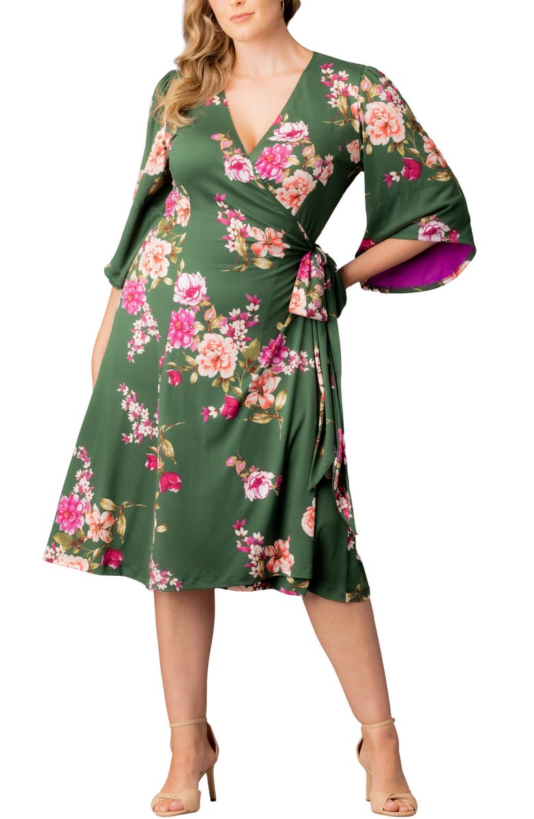 Kiyonna Gemini Floral Bell Sleeve Wrap Dress, Main, color, Green Floral Print