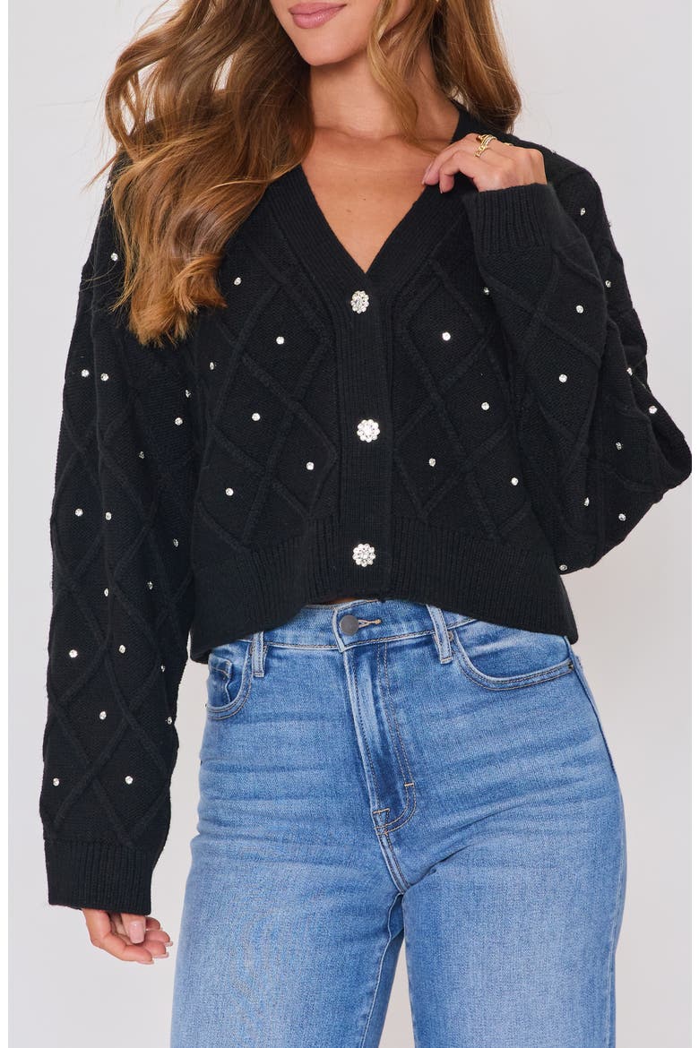 Holiday Shine Rhinestone Diamond Stitch Cardigan, Main, color, BLACK