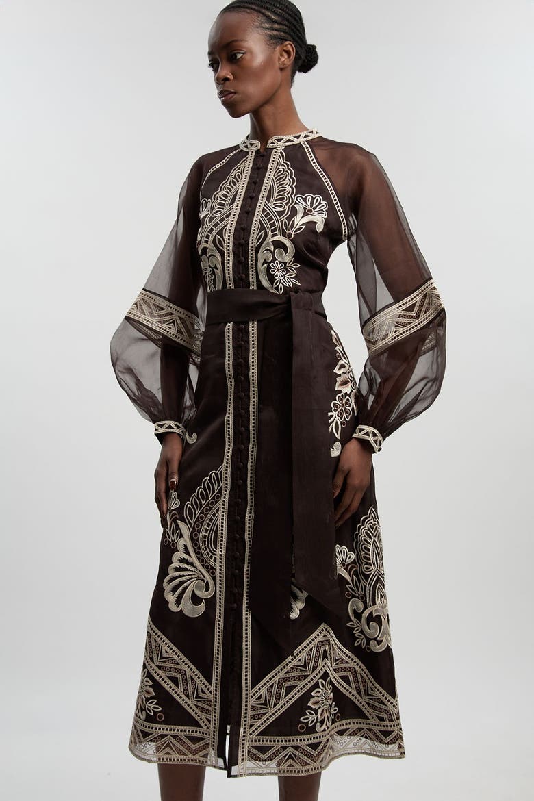 Embroidered Mandarin Collar Midi Dress, Alternate, color, Chocolate