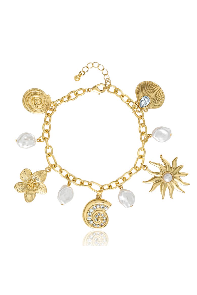 Gold-Tone Celestial Charm Bracelet with Imitation Pearls, Adjustable, Main, color, Gold