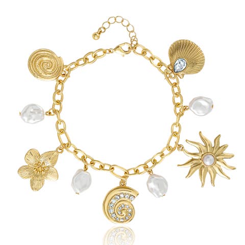 Gold-Tone Celestial Charm Bracelet with Imitation Pearls, Adjustable