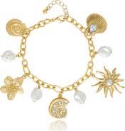 Jessica Simpson Gold-Tone Celestial Charm Bracelet with Imitation Pearls, Adjustable